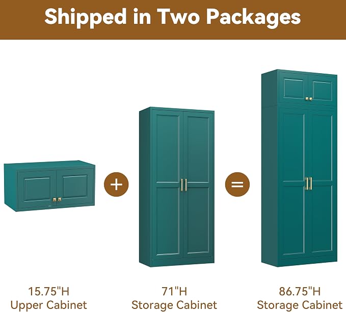 Polup 86" Tall Metal Kitchen Pantry Storage Cabinet with Doors and Shelves | Heavy-Duty Green Cabinet, 4 Adjustable Shelving, Gold Handles, Magnetic Latch, for Dining Living Room, Bathroom & Garage
