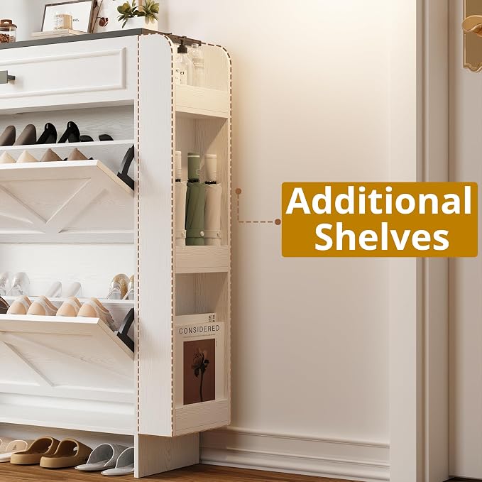 IRONCK Shoe Storage Cabinet with 2 Flip Drawers & Barn Door, White/Black | Freestanding Shoe Cabinet Organizer with Drawer and Shelves for Entryway, Farmhouse Shoe Rack Cabinet