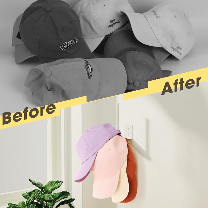 Durmmur Stainless Steel Hat Organizer, Hat Rack for Wall,Each Holds 15 Hats | 8P Strong Adhesive/Wall Drilled Hat Holder, Hat Hooks, Hat Hanger Baseball Cap Organizer for Door,Bedroom,Closet(White 6 in)
