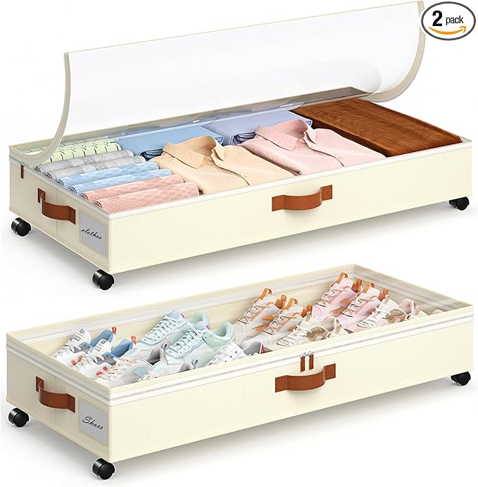 Yecaye Under Bed Storage with Wheels, 65L Under Bed Storage Containers with Adjustable Dividers & Clear Lid, Rolling Underbed Organizer Bins Drawer for Clothes, Shoes, Blankets, 2 Pack