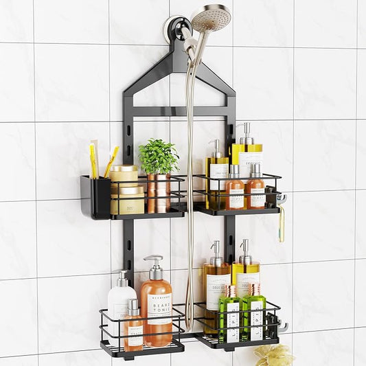 ODesign 2 Tier Shower Caddy for Handheld Shower Heads Anti-Swing Black | No drilling required,comes with removable hook and storage box,suitable for handheld and wall-mounted showerheads