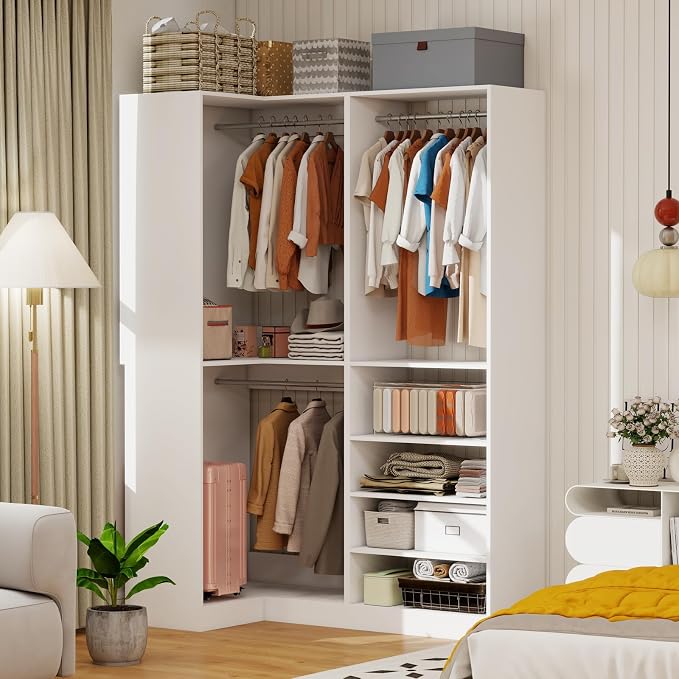 Closet System with 2 Sets, 5FT-10FT Closet Organizer System with 5 Hanging Rods& Adjustable Shelves, Corner Walk in Closet Free Standing Closet System, Modular Closet System, White