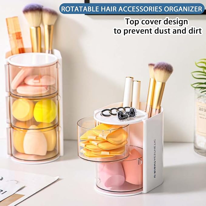 Azurphoric Hair Accessories Organizer with Hair Brush Holder(White,2-Layer) | Rotatable Makeup Brush Holder for Necklaces, Earring, Bracelet, Ring, Makeup Brushes, Hair Clip and Hair Accessories
