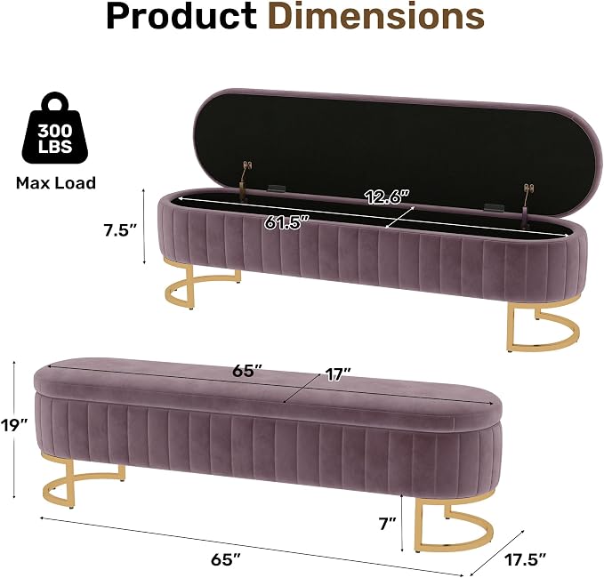 65" Velvet Storage Ottoman Bench End of Bed for Bedroom Entryway Purple