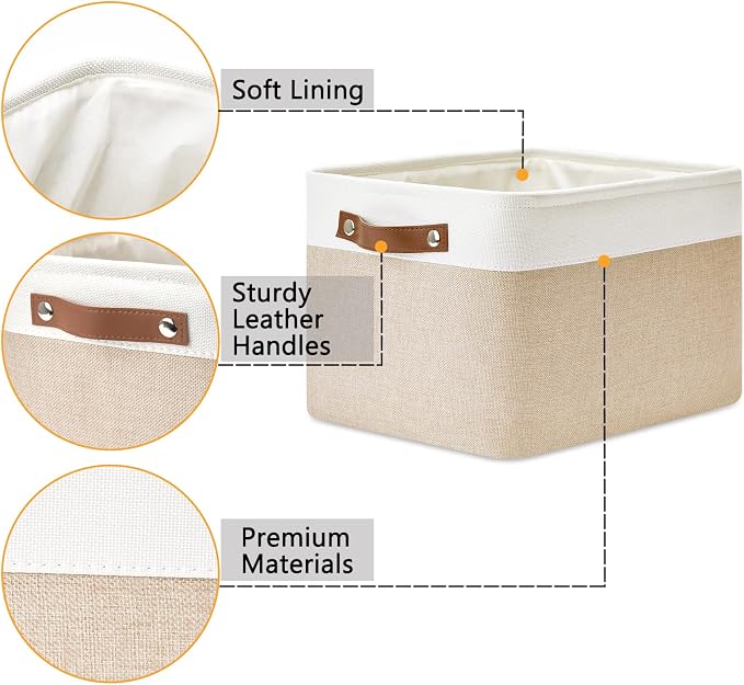 DULLEMELO Fabric Storage Bins for Laundry, Home, Foldable Storage Baskets for Shelves, Toys, Collapsible Storage Bins for Office, Closet,Bedroom(White&Khaki,L-15"x11"x9.5",4-Pack)