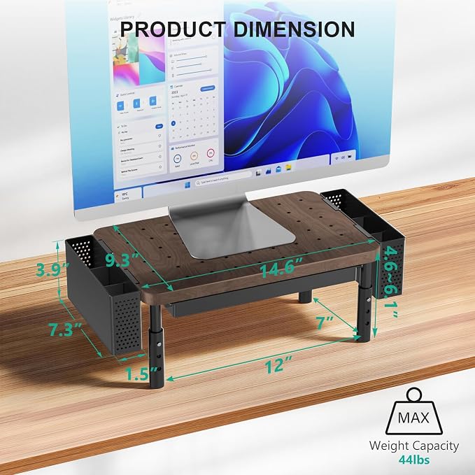 WALI Plastic Computer Monitor Stand with Storage, Desk Organizer with Drawer and Pen Holder, Desk Monitor Riser 3 Height Adjustable, Laptop Riser for Computer, Laptop, Printer(PTT003-C), 1 Pack, Brown