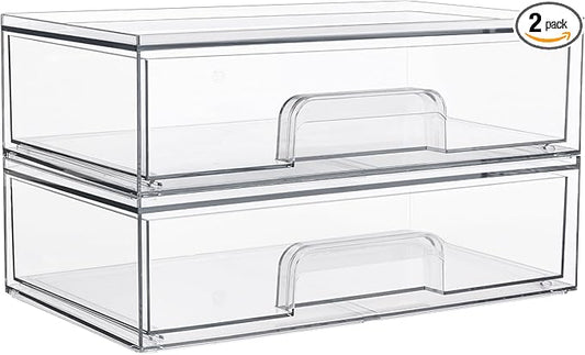 Vtopmart Clear Stackable Storage Drawers, 2 Pack Wide Plastic Organizers | Clear Pull-Out Plastic Drawers, Stackable Design for Makeup Palettes, Cosmetics, Beauty Supplies, Vanity, Cabinet and Desk