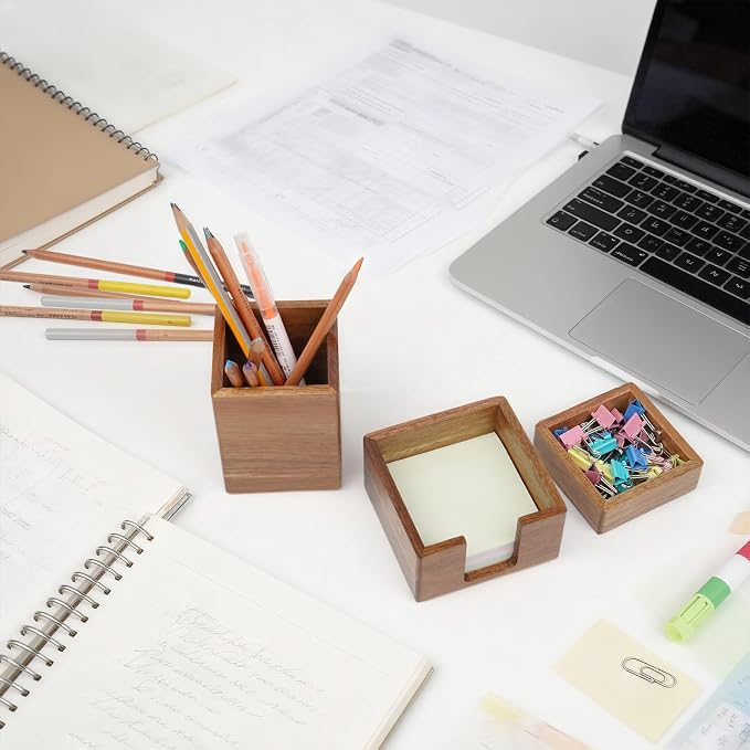 RAWILL 3 PCS Brown Wooden Desk Organizer Set Pine Wood Office Desk Accessories with Pen Holder, Paperclip Storage and Sticky Note Holder, Wood Grain Clear, Ideal Gift for Office and Family
