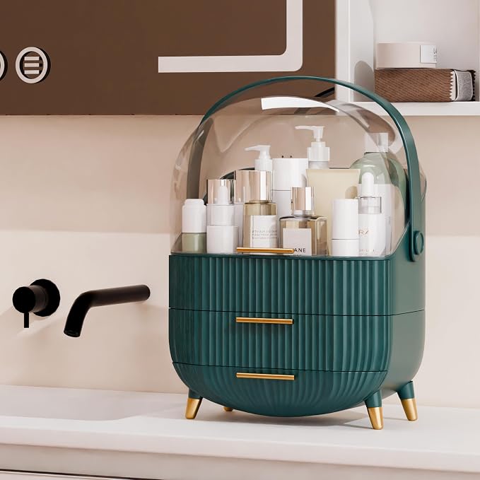lurcns Makeup Organizers and Storage Make up Organizer for Vanity Cosmetics Skincare With Lid and Drawers Display Cases for Countertop Bathroom Women Teenager Girl Gifts(Dark Green)