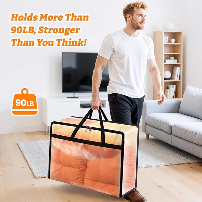 BlissTotes 8 Pack Clear Clothes Storage Bags, Moving Bags, Foldable Blanket Storage Under Bed Storage Containers with Sturdy Zipper and Handle for Clothing, Comforter, Bedding, Sheet (90L)