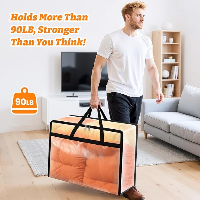 BlissTotes 6 Pack Clear Clothes Storage Bags, Moving Bags, Foldable Blanket Storage Under Bed Storage Containers with Sturdy Zipper and Handle for Clothing, Comforter, Bedding, Sheet (90L)