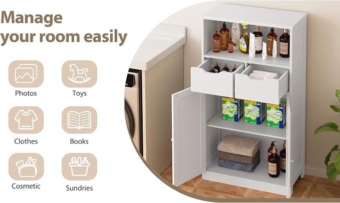 Walsunny Floor Storage Cabinet, Organizer with Doors and Drawers, Freestanding Side Cupboard Pantry with Adjustable Shelf for Bathroom/Living Room, White