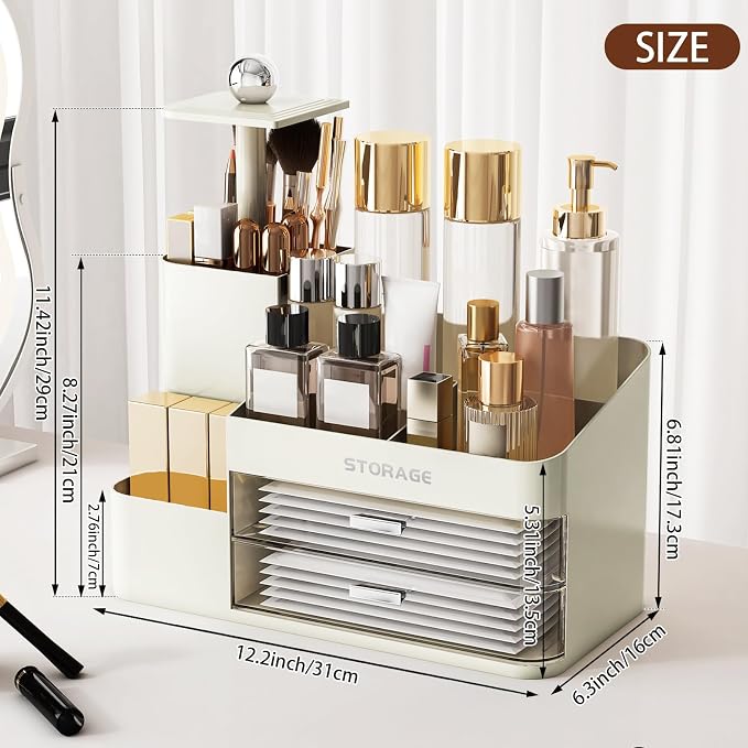 Large Makeup Organizer Countertop with Drawers, Make Up Organizer for Vanity, Makeup Storage Organizer Countertop Makeup Organizers for Skincare (Style2-Cream)