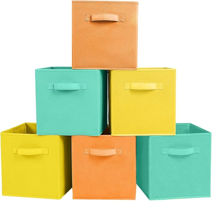 ShellKingdom Storage Bins, Foldable Fabric Storage Cubes And Cloth Storage | Storage Organizer For Closet And Toys, 10.5x10.5x11 INCH, 6 Pack (Mint Green+Orange+Yellow)