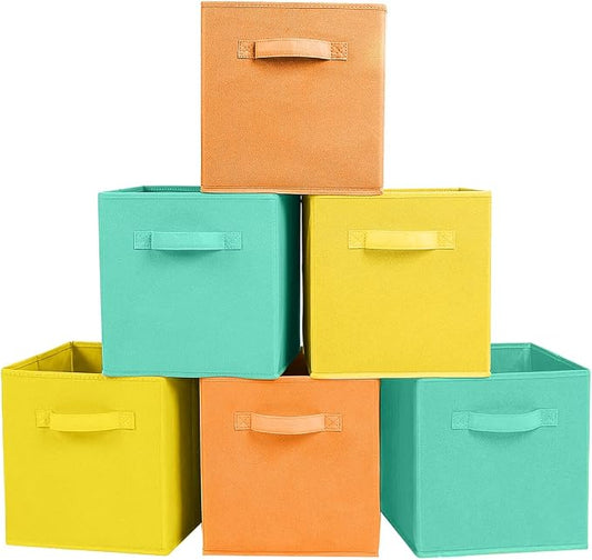 ShellKingdom Storage Bins, Foldable Fabric Storage Cubes And Cloth Storage | Storage Organizer For Closet And Toys, 10.5x10.5x11 INCH, 6 Pack (Mint Green+Orange+Yellow)