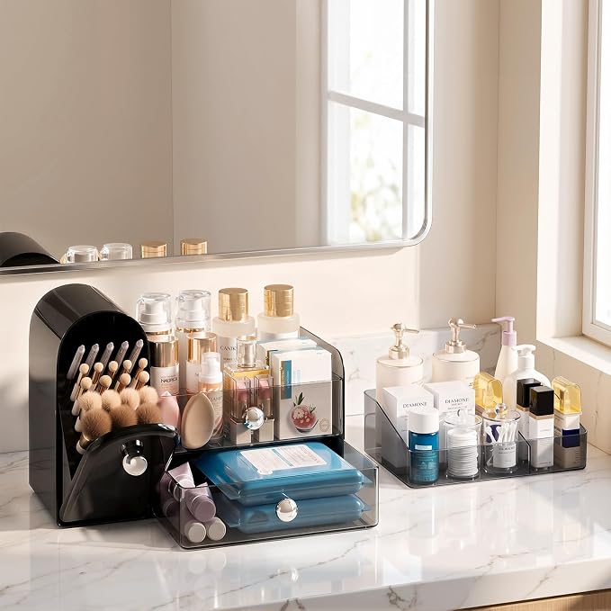 Delamu Makeup Organizer for Vanity with Closed Brush Holder, Large Bathroom Counter Organizer with Drawers, Skincare Organizers for Countertop, Storage Perfume Cosmetic Lipstick Beauty (Black)
