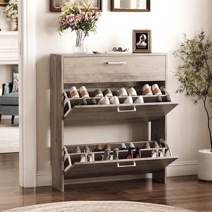 VINGLI Grey Shoe Cabinet for Entryway, Slim Shoe Rack Storage with 3 Flip Drawers, Rustic Washed Grey Wood Finish, Narrow Hidden Shoe Organizer for Hallway, 9.5" Depth, Greige