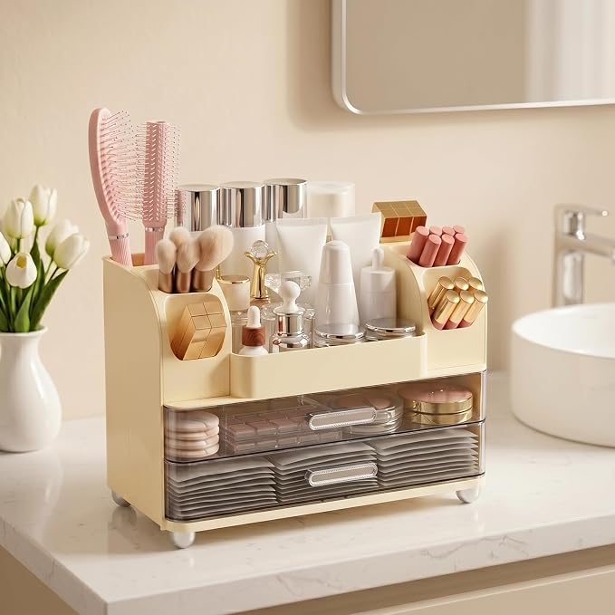 Makeup Organizer for Vanity with 2 Large Drawers and 6 Brush Holders, Cream | Large-Capacity Makeup Holder Keeps Skincare and Cosmetics Organized and Easy to Reach on Vanity or Bathroom Counters