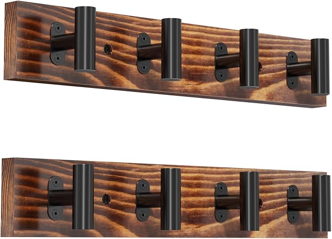 2 Pack Coat Rack Wall Mount with 8 Pre-Installed Metal Hooks | 32.3" Rustic Pine Solid Wood Coat Hooks Wall Mount for Hanging Jacket Hat Backpack, Entryway Living Room, Easy to install