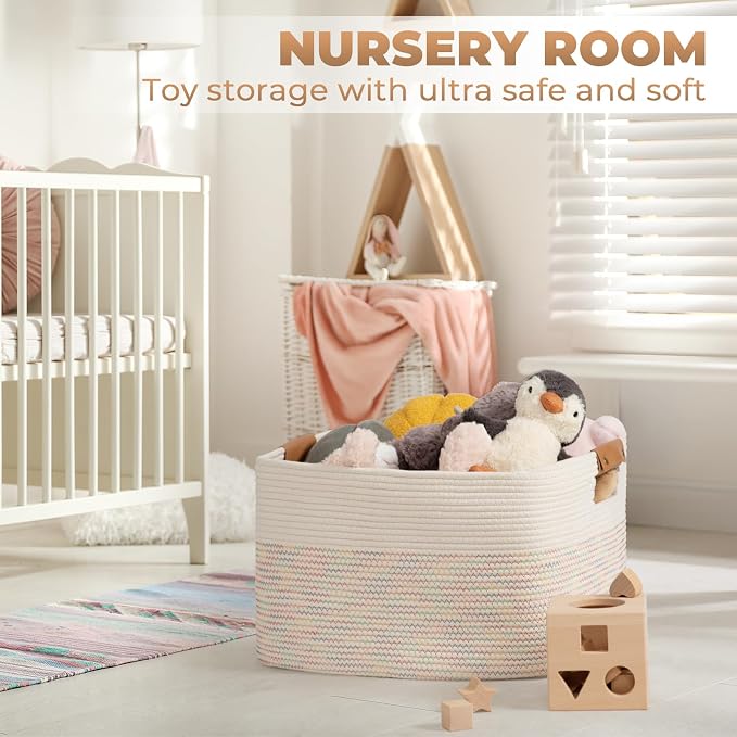 danpinera 108L Large Basket for Living Room, Boho Decorative Basket Organizing with Handles, Cotton Rope Storage for Toys, Pillows, Clothes, 25’’*16’’*16’’ Rainbow