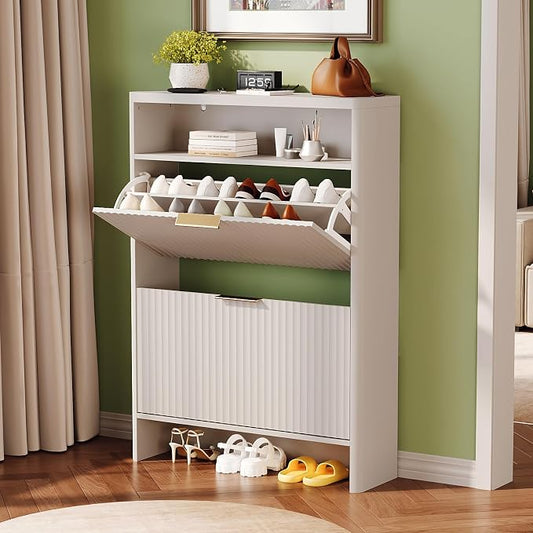 VINGLI White Slim Shoe Cabinet with Curved Edges, Modern Hidden Shoe Storage Organizer with 2 Flip Drawers & Open Shelf, Narrow White Shoe Cupboard with Fluted Panel & Anti-Tip Kit, 32.7" W