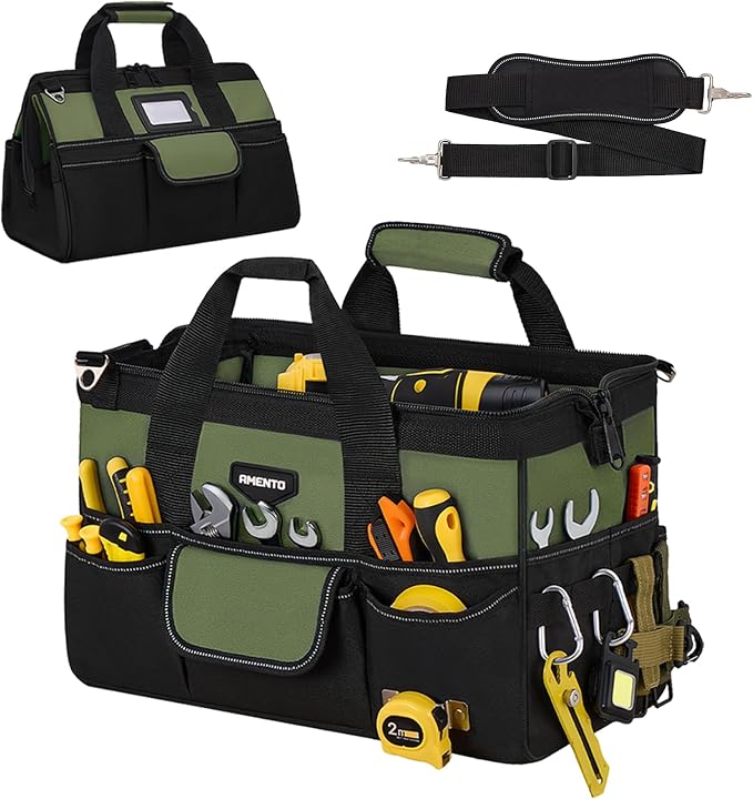 16-Inch Heavy Duty Tool Bag, 22 Pockets Empty Tool Box Organizer Storage, Soft Tote Toolbox Organization Portable Handle Carrying Work Toolbag for Electrician Mechanic, Dad Men Gifts, Green