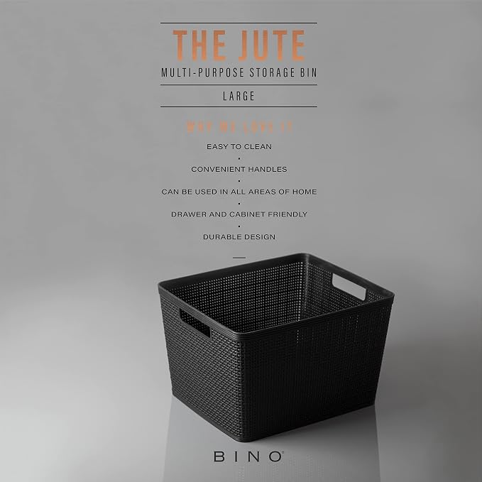 BINO | Woven Plastic Basket | Large (Black), 3-Pack | THE JUTE COLLECTION | Home Organization, Space - Saving Storage, Stylish Design | Jute Basket | Plastic Storage Basket