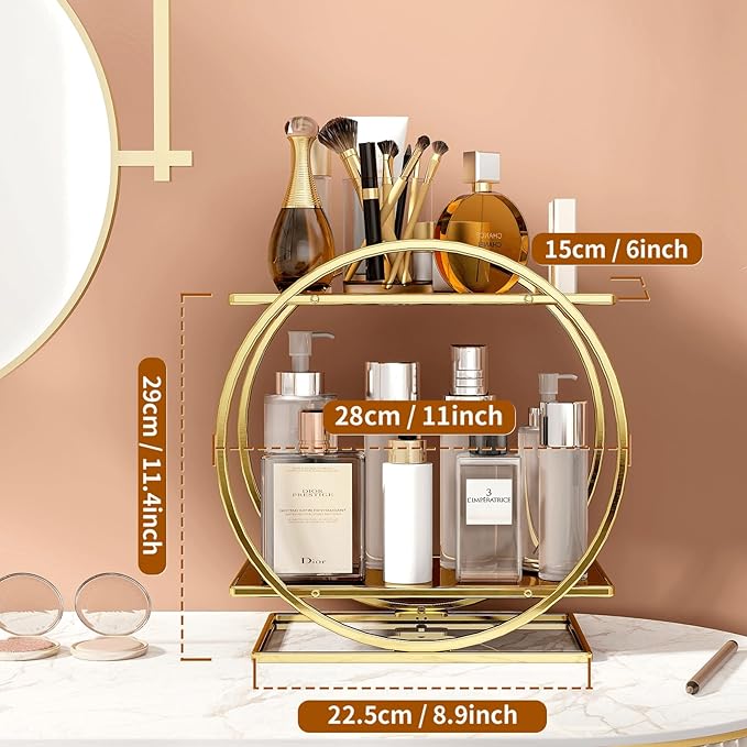 Perfume Organizer, 2-Tier Bathroom Countertop Organizer and Storage | Gold Makeup Organizer for Vanity, Counter Shelf Bathroom Accessories & Decor, Skincare Trays Perfume Holder Cosmetic Display