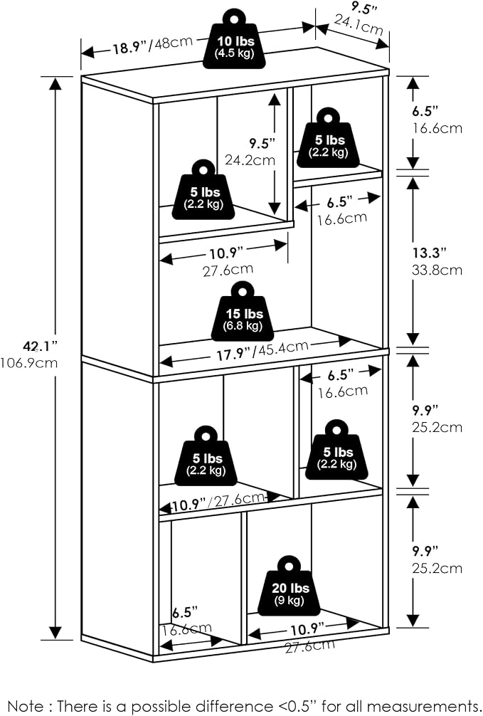 Furinno DALY Book Shelf, 7-Cube Bookshelf, Cube Storage Organizer Bookcase with Irregular Compartments, 9.4 x 18.9 x 42.1, for Living Room, Bedroom, Home Office, White