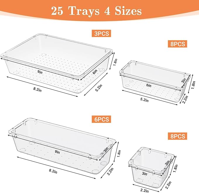SpaceHacks 25 PCS Plastic Drawer Organizer Set, 4-Size Versatile Organizer Trays & storage Bins for Makeup, Jewelry, and Gadgets in Bathroom, Bedroom and Office,Clear White