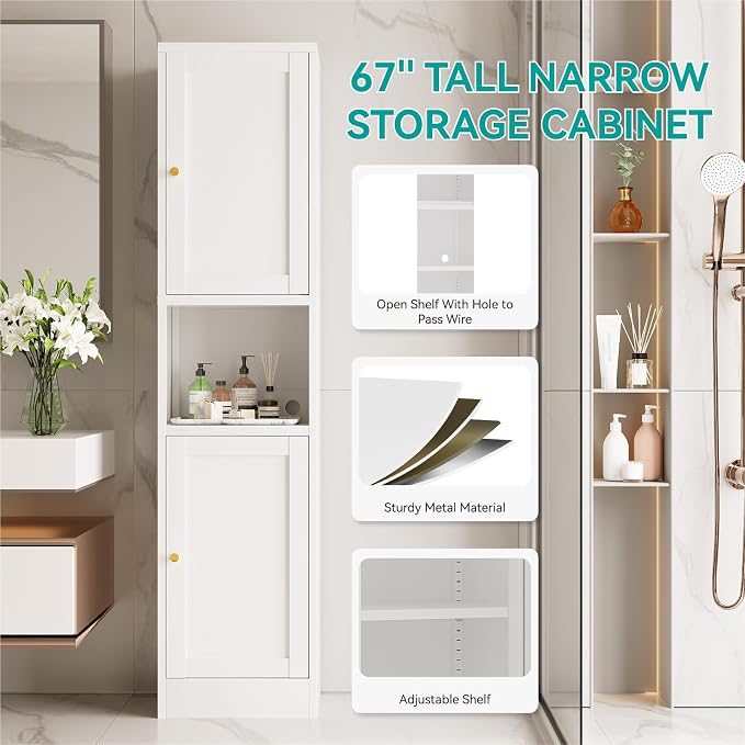 67" Tall Narrow Storage Cabinet with Doors and Open Shelf,Metal Pantry Cabinet,Shaker Style Slim Cabinet with Adjustable Shelves,for Bathroom Kitchen Laundry Small Spaces,White,1Pc