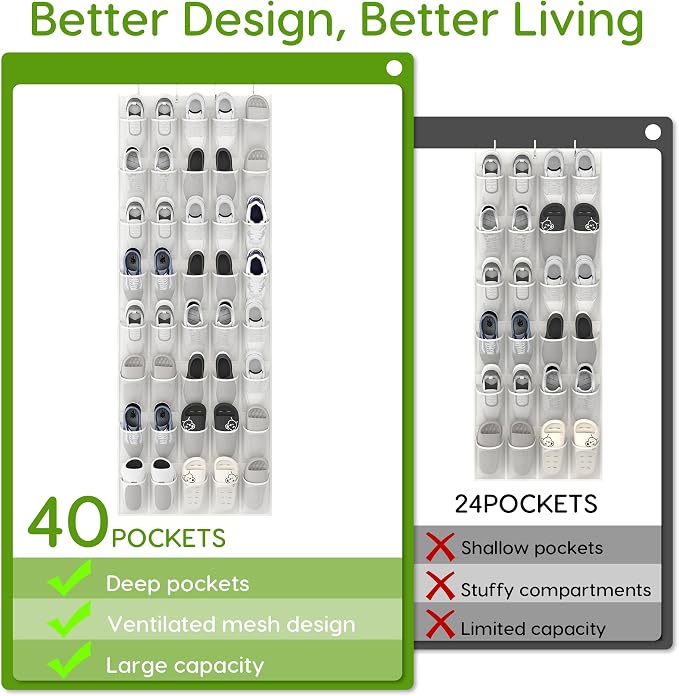 Over the Door Shoe Organizer with 40 Large Breathable Mesh Pockets, Space Saving Shoe Holder, Hanging Shoe Rack for Entryway Bedroom Closet Storage (White, 80 Pockets)