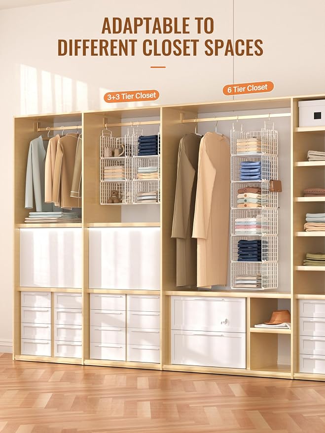 6 Tier Closet Hanging Organizer, Metal Closet Organizers and Storage with 4 Hanging Hooks 4 S-Hooks for Wardrobe Laundry Room, Wire Storage Shelf for Clothes Sweaters Pants (White)