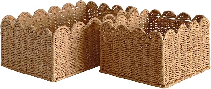 Scalloped Basket, Wicker Storage Baskets, Hand Woven Baskets for Shelves,Natural Baskets for Organizing (S+M)