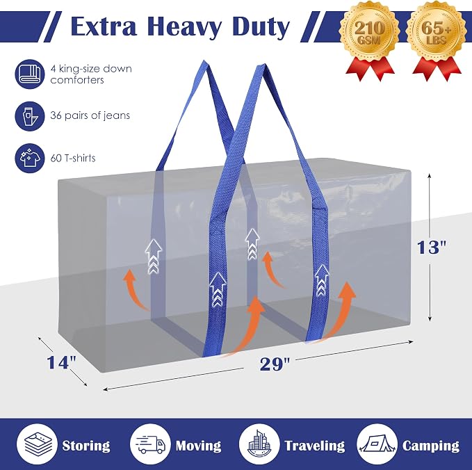 12 Pack Moving Bags with Full-Open Side Zipper, Extra Large 93L Heavy Duty Waterproof Foldable Storage Totes for College Dorm, Moving & Home Organization Blue