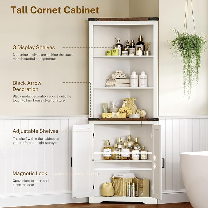 Farmhouse Corner Cabinet, 70" H Tall Corner Hutch with 5 Shelves & 2 Barn Doors, Bathroom Cabinet with Adjustable Shelf, for Living Room, Kitchen, Bathroom, White