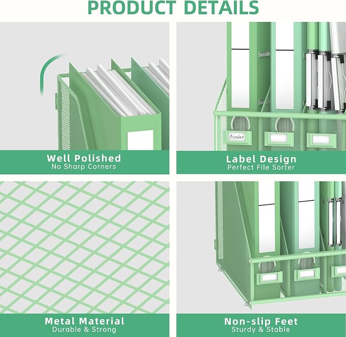 DALTACK 4-Slot Magazine File Holder, Metal Binder Holder, Mint Green | Iron Mesh Construction, Labeled Sections for Easy Sorting, Anti-Slip Feet, Binder and Folder Storage for Office, Classroom