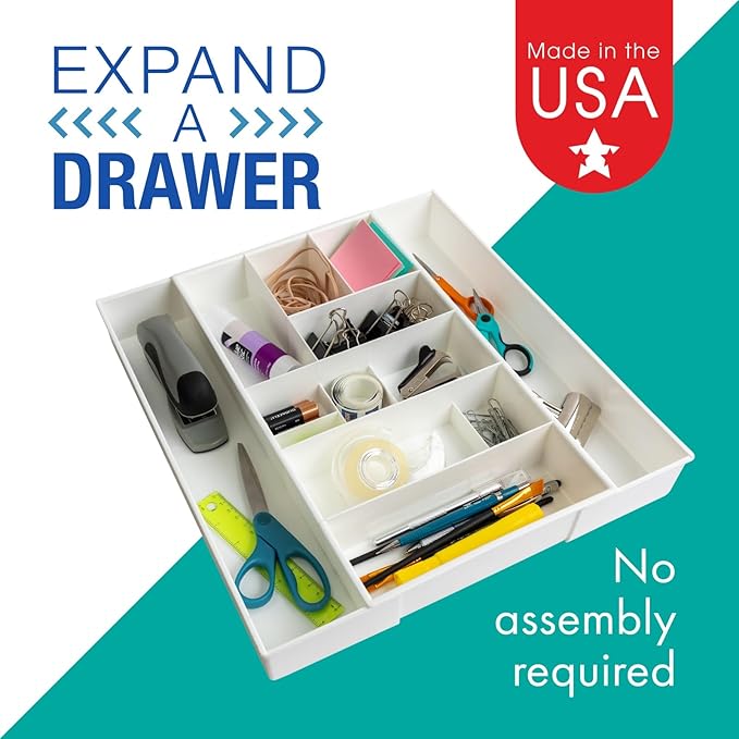 Dial Industries Expandable Junk Drawer Desk Organizer Storage Tray | Adjusts to fit narrow or wide drawers, Keeps pens, tools and small items separated, Great for desks, offices or kitchens