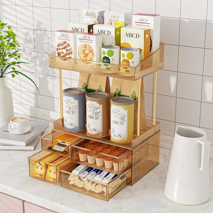 SNSLXH 4-Tier Clear Makeup Organizer Bathroom Storage Amber | 4 Drawers Cosmetics Organiser, Ideal for Countertop, Bathroom, Office, Dresser, for Cosmetics, Skincare, Perfume, Lipstick