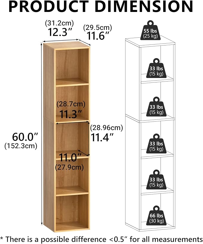 5 Cube Storage Organizer, 5 Tier Cube Low Bookcase Freestanding Storage Display Organizer, Five-Cubes Open Shelf Bookshelf for Home Office (Oak, 5-Cube)