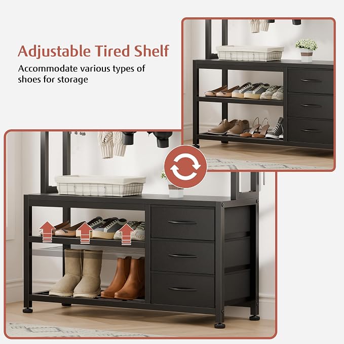 Hall Tree with Bench and 3 Drawers Storage, 31.5" Coat Rack Freestanding | Black, 6-in-1, Top Cubby, 12 Coat Hooks, Adjustable Shoe Rack, Sturdy Metal Frame, Entryway Organizer