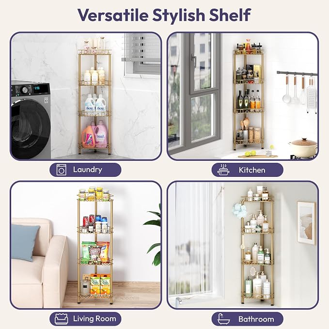 SWTYMIKI Standing Shower Caddy Corner - 4‑Tier Stainless Steel Shower Organizer Shelf with 12 Hooks and Adhesive Pads, Rustproof Corner Shelves Stand Rack for Bathroom Shower Room, Gold