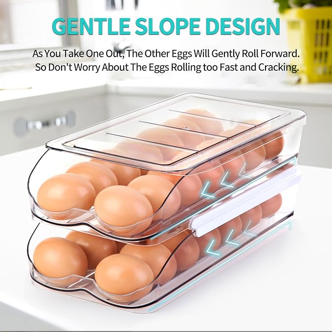RoskDeewat Egg Holder for Fridge, Automatic Rolling Egg Container -3 Tier | Stackable Fridge Organizers and Storage with Lid, Sturdy Clear Plastic Egg Dispenser & Tray for Refrigerator