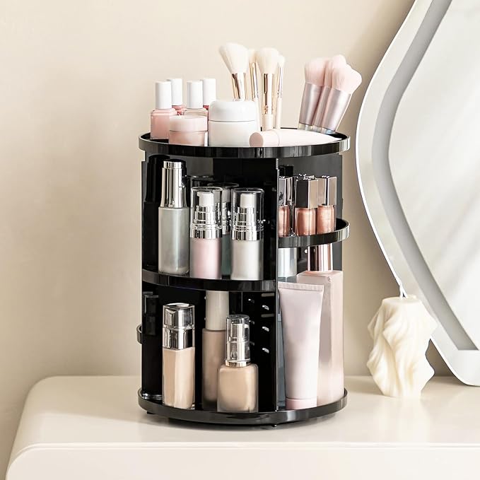 HBlife 360 Rotating Makeup Organizer Adjustable Carousel Large Capacity Revolving Perfume Organizer Skincare Organizers Cosmetic Storage Spinning Holder for Vanity, Black