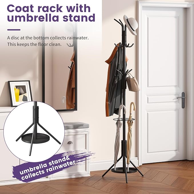 Coat Rack Freestanding,Entryway Hanger Stand,Umbrella Holder,Hall Tree With 12 Hooks, Floor Standing Metal Tree Stand,Black