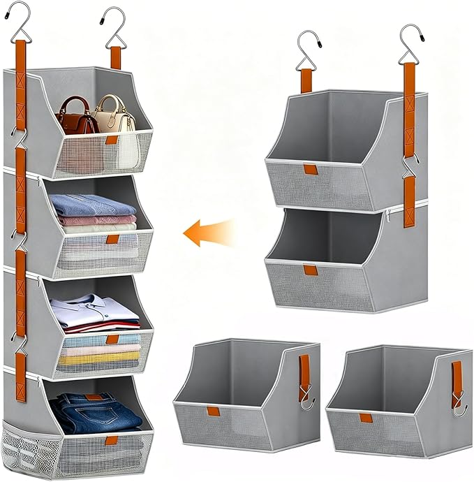 Fabric Hanging Closet Clothes Organizers and Storage Detachable 4 Tier | Hanging Clothes Organizers for Bedroom,Dorm,RV,,Camper,See Through Front Panel,Space-Saving,Can Be Separated Individually