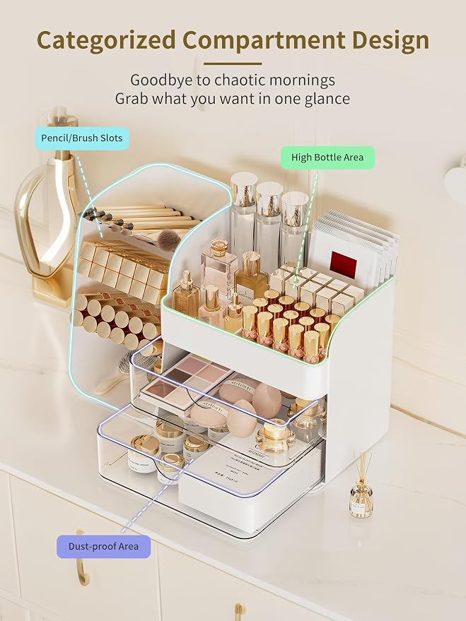 Booklov Small Makeup Organizer for Vanity Countertop, White | Clear Acrylic Cosmetic Display Case, Beauty Brush Holder for Bathroom Counter, Make Up Skincare Lipsticks Storage