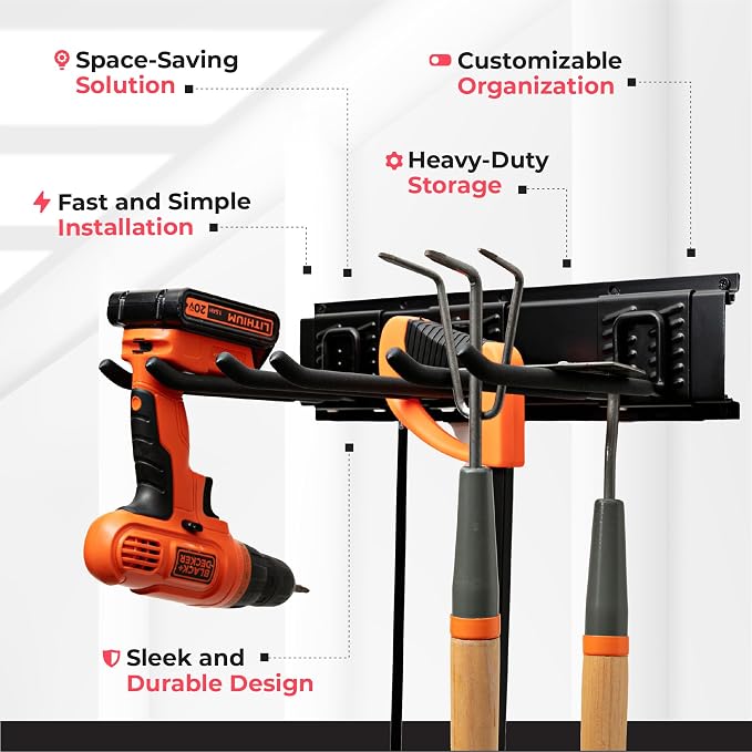 TIDYME Garage Tool Organizer Wall Mount, 32", 2 Racks 4 Hooks, 200 lbs | 200 lbs, anti-rust carbon steel, garden tool organizer & storage rack for garage organization, shovels, rakes & tools