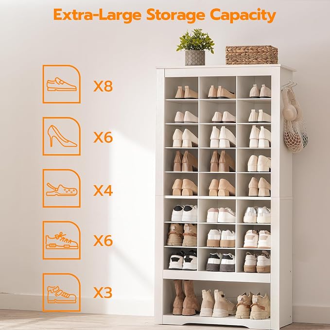 HOOBRO Tall Shoe Cabinet with 24 Cubbies and Bottom Storage Shelf, Large Capacity Shoe Storage Organizer for Entryway, Freestanding Wooden Shoe Rack for Closet, Living Room, White WT24SC01