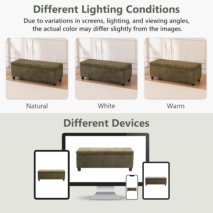 Boucle Storage Ottoman Bench, with Hidden Storage and Solid Wood Legs | Modern End of Bed Bench, Rectangle Footrest, Hidden Storage, Solid Wood Legs, Bedroom, Living Room and Entryway Use, Green